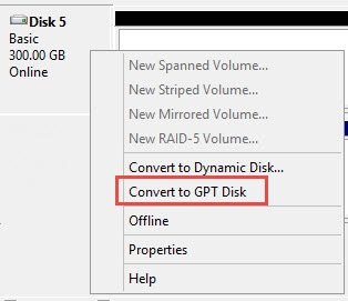 Disk partition "Convert to GTP Disk" option