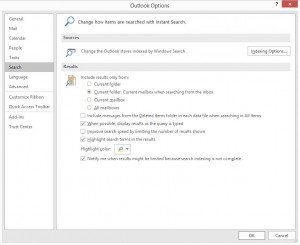 Outlook - option improve search speed limite results
