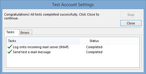 Success when testing IMAP configuration