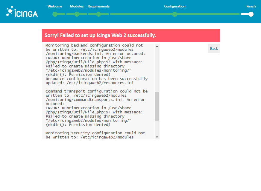 Icinga 2 Web Setup Wizard Configuration failed set up
