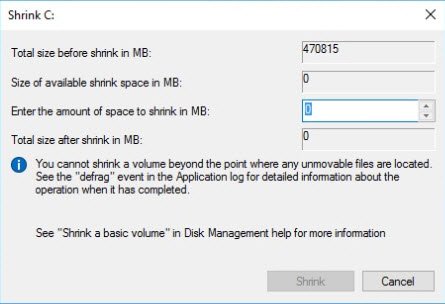 You cannot shrink a volume beyond the point where any unmovable files are located