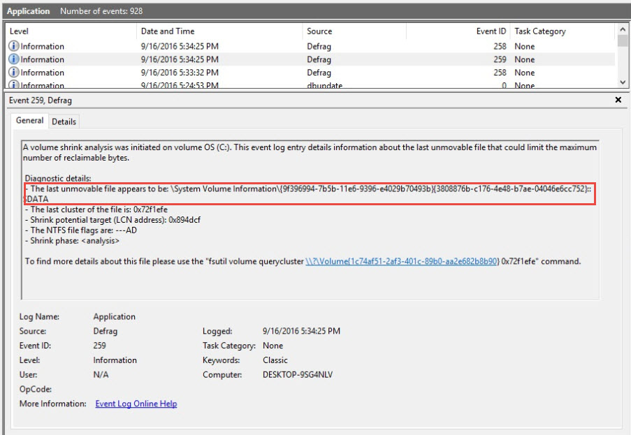 Defrag Event ID 259 unmovable files