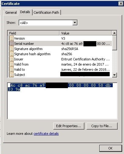 Certificate details showing serial number