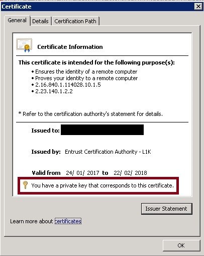 Certificate with private key assigned