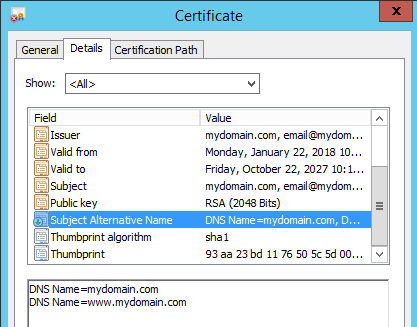 Openssl self signed certificate showing the Subject Alternative Names (SAN)