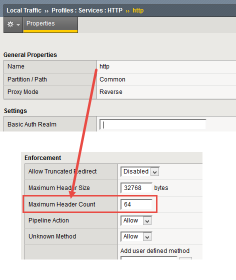 BIGIP F5 - Maximum Header Count attribute of the HTTP profile