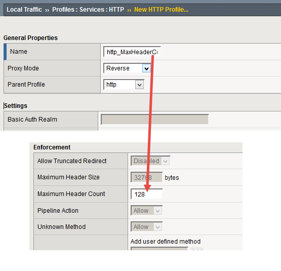 BIGIP F5 - Changing the Maximum Header Count attribute of the HTTP profile