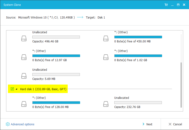 EaseUS Backup software - Select the SSD as destination clone disk