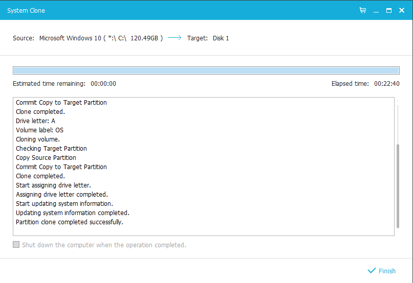 EaseUS Backup software - Cloning of system partitions to SSD finished