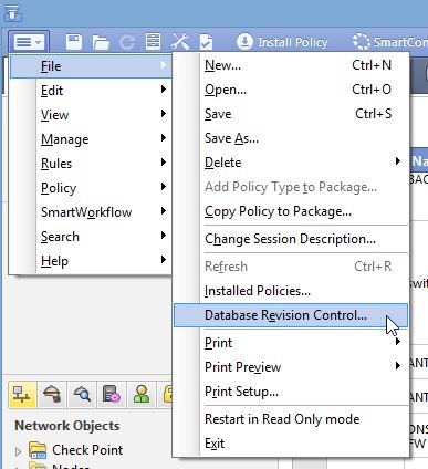 Checkpoint - Database Revision Control menu