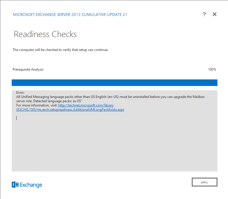 Exchange 2013 - Update CU21 - Error unified messaging language packs must be uninstalled