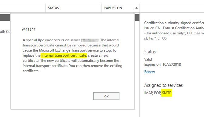 Exchange - Cannot remove exchange certificate