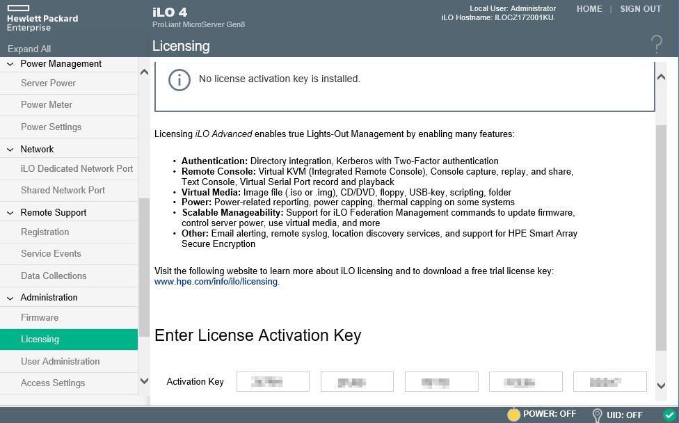 First steps configuring HP Microserver Gen8 - iLO licensing