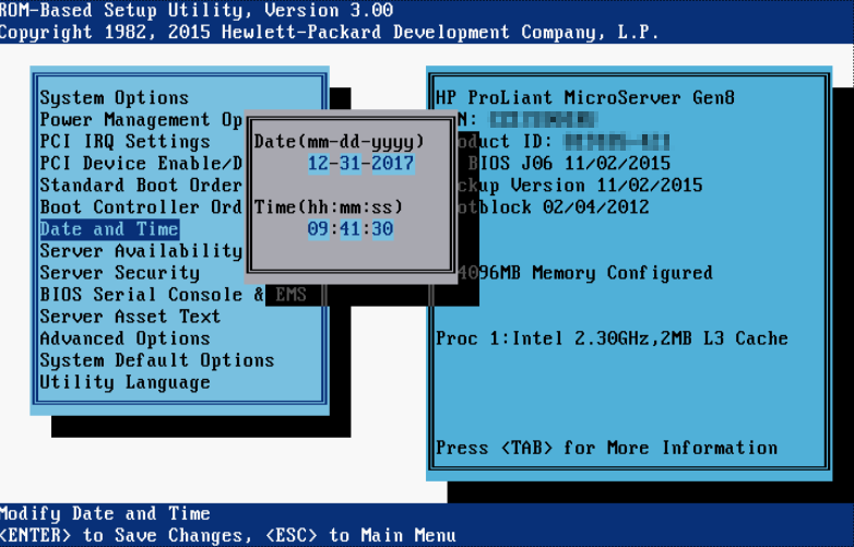 First steps configuring HP Microserver Gen8 - BIOS date time