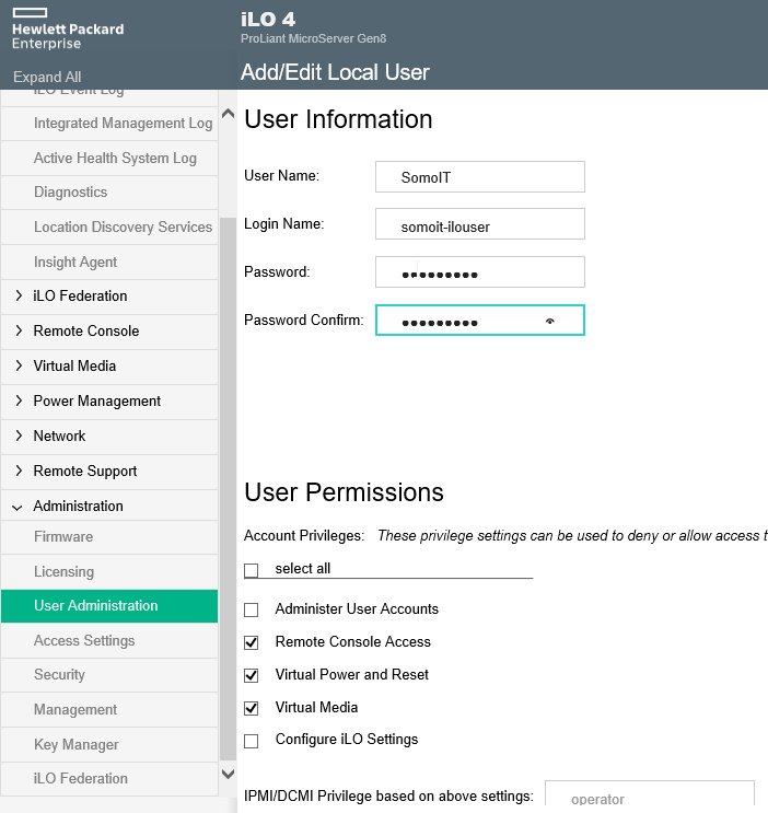 First steps configuring HP Microserver Gen8 - iLO create new user