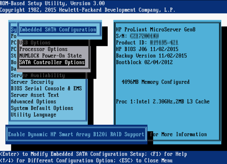 First steps configuring HP Microserver Gen8 - Enable Dynamic HP Smart Array B120i RAID