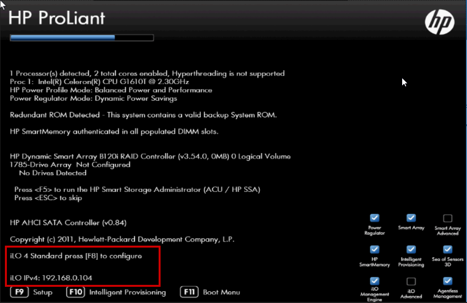 First steps configuring HP Microserver Gen8 - iLO menu F8